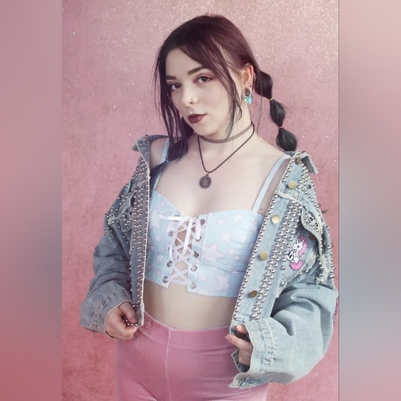 SOLD💝Kawaii pastel goth cropped lt wash ooak jacket! Lots of metal! Sugar Killz - Picture 7 of 14